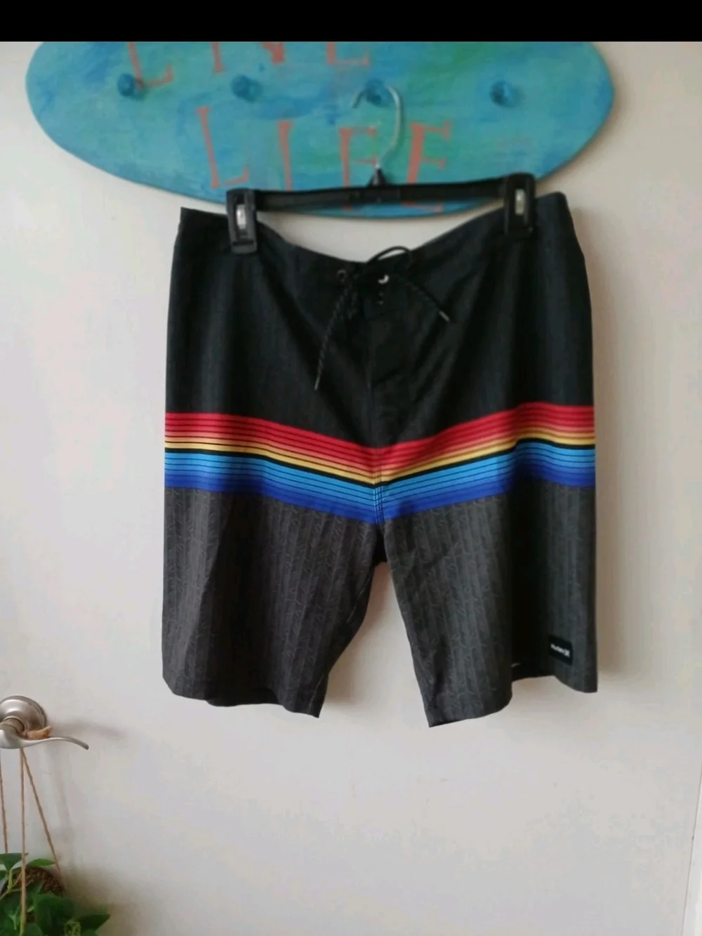 Hurley Men's Black Swim Trunks with Rainbow Stripe Y2K  Sz 33